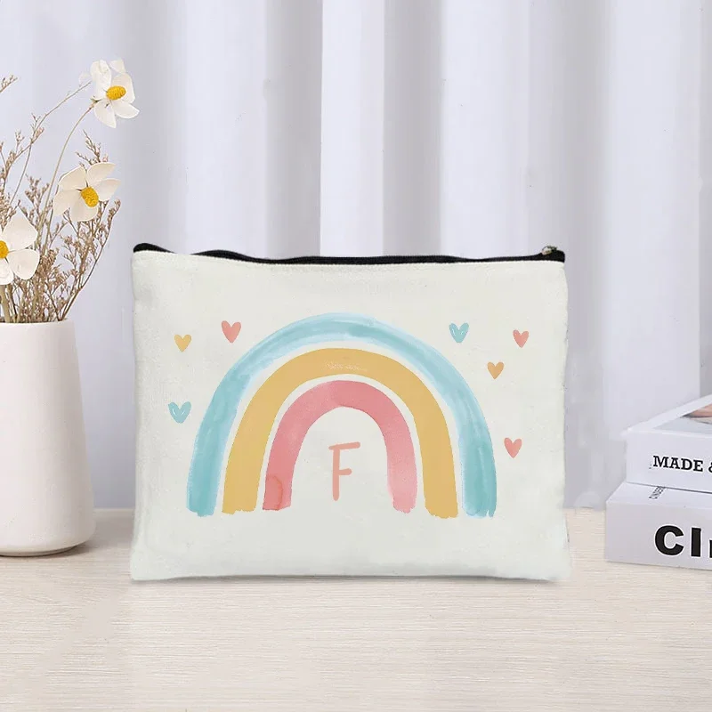 Cute Rainbow Letters Side Bag for Ladies Travel Cosmetic Organizer Eco Canvas Makeup Bag Office Supplies Storage Pencil Case