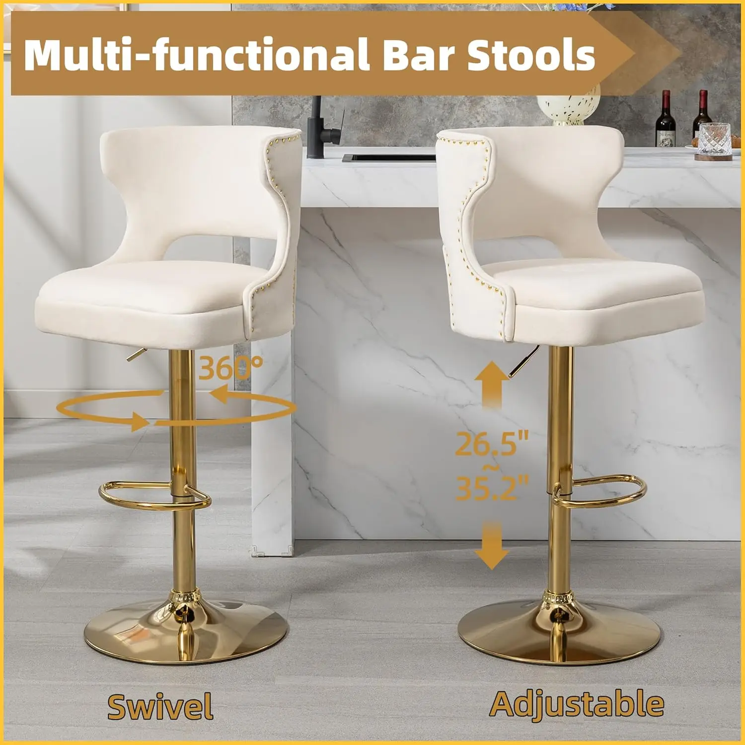 Westice Gold Bar Stools Set Of 6, Counter Height Adjustable Barstools, Modern Velvet Swivel Bar Chairs With Curved Back, Metal