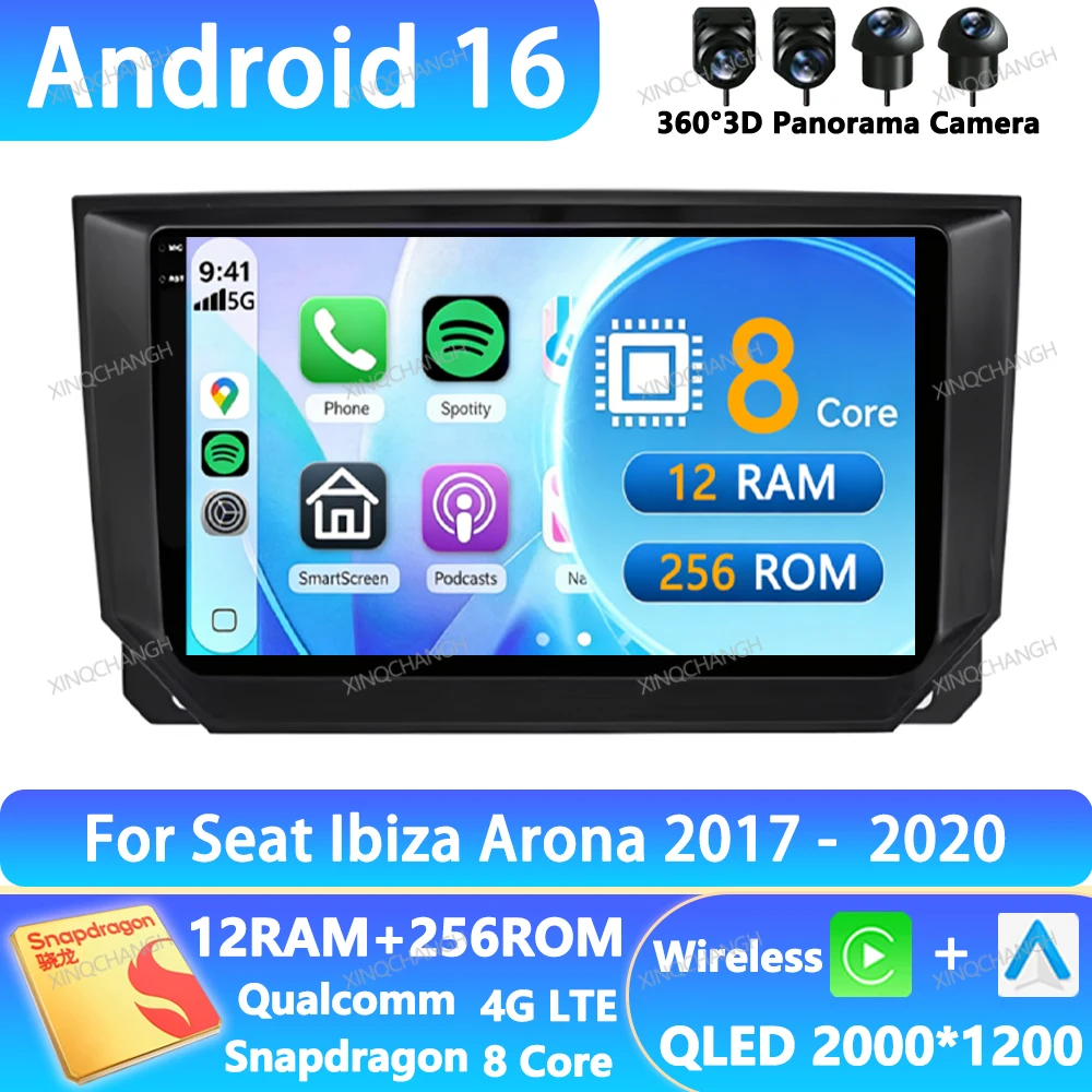 Android 16 Car Radio For Seat Ibiza Arona 2017 2018 2019 2020 Navigation Qualcomm Head Unit QLED GPS 2DIN 4G WIFI BT Navigation