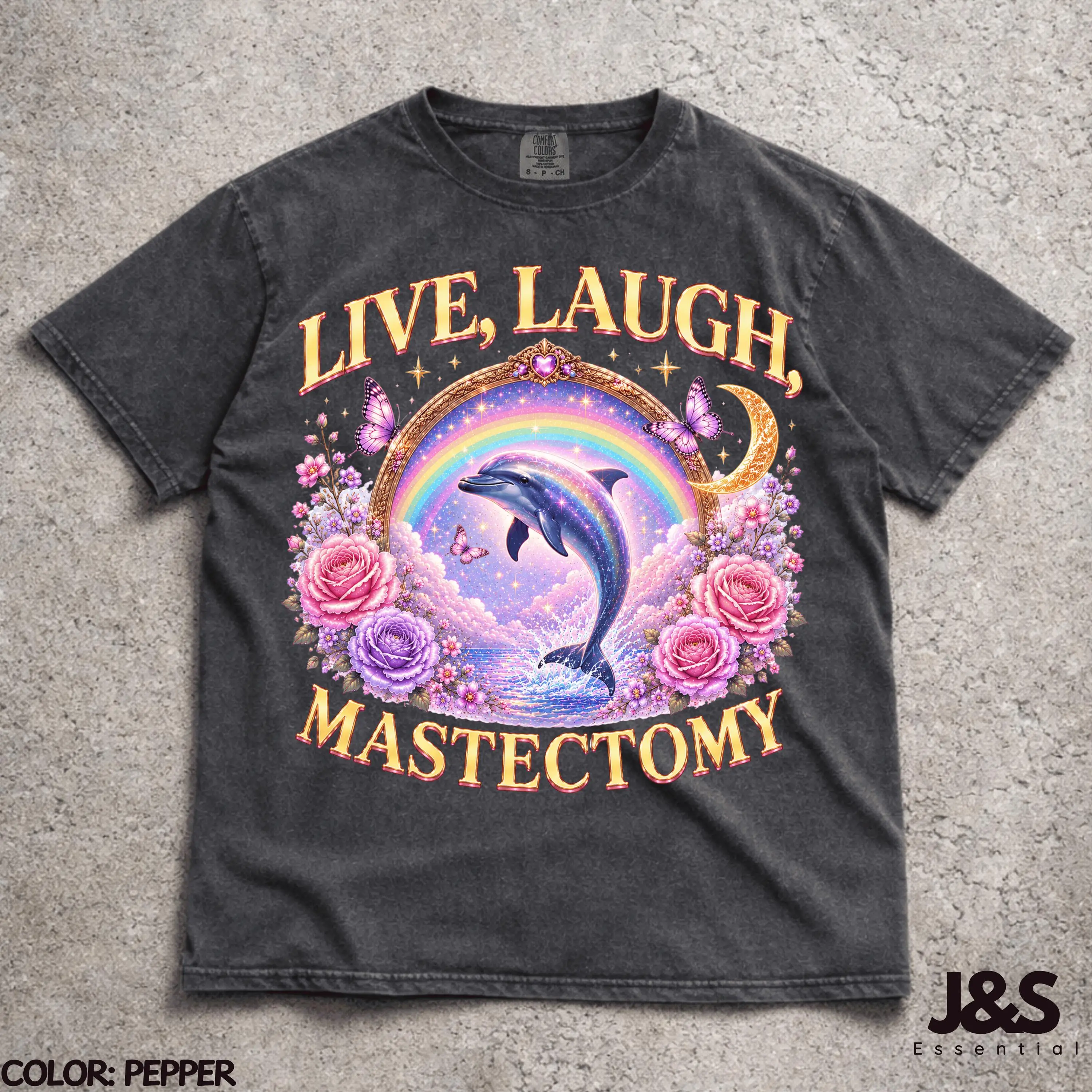 Live Laugh Mastectomy T-Shirt, Funny Medical Humor Graphic Tee, Surreal Dolphin Art Shirt, Breast Cancer Awareness Gift