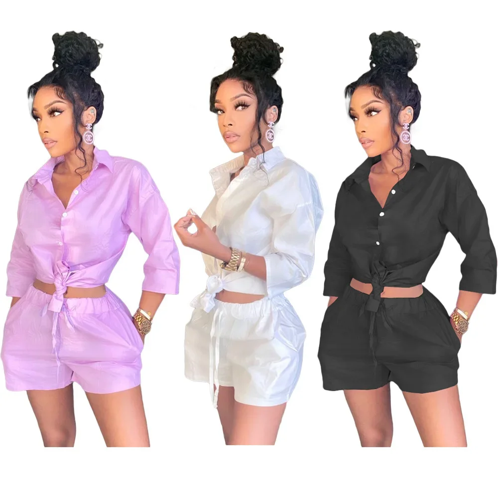 Casual Shorts Two-piece Women's Clothing New In Spring And Autumn Solid Color Button-up Double Pocket Shirt Set 2026 New.