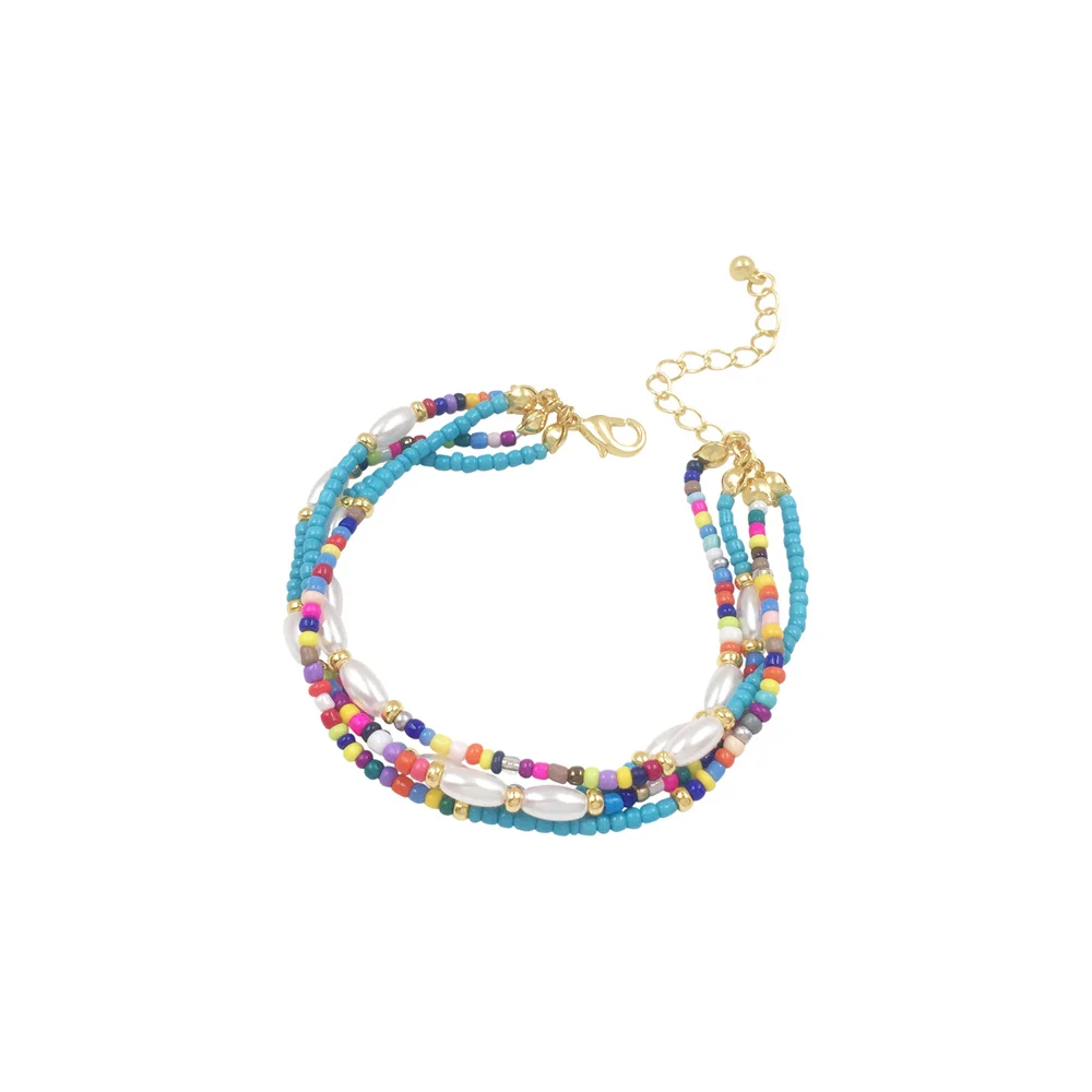New Arrivals Gold Color Longer White Irregular Pearl Blue Colorful Bead Strand 4 Layered Bracelet For Women Girl Summer Jewelry