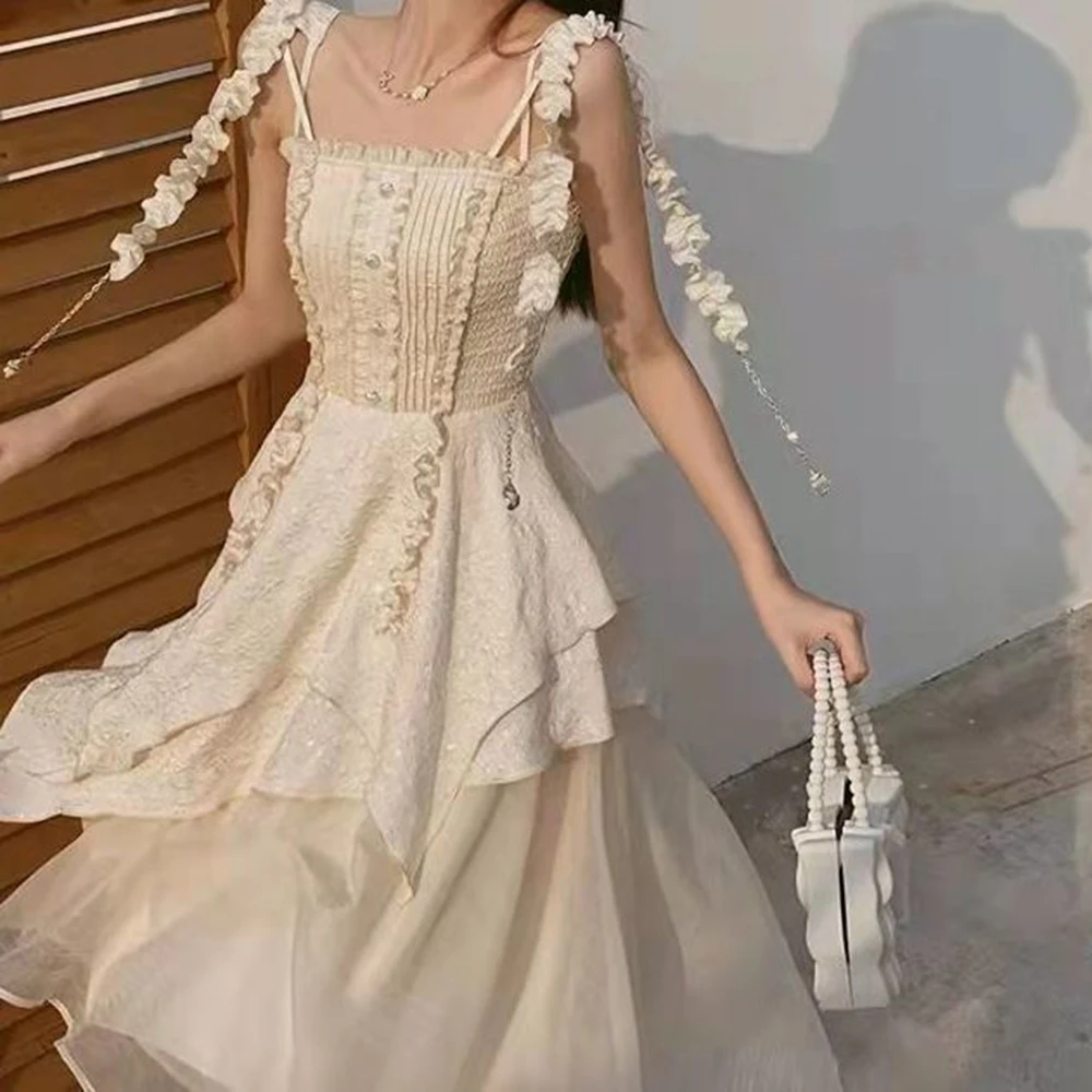 

Princess on the run summer suspender dress women's high-end tassel knee dress summer 2025 new a-word dress