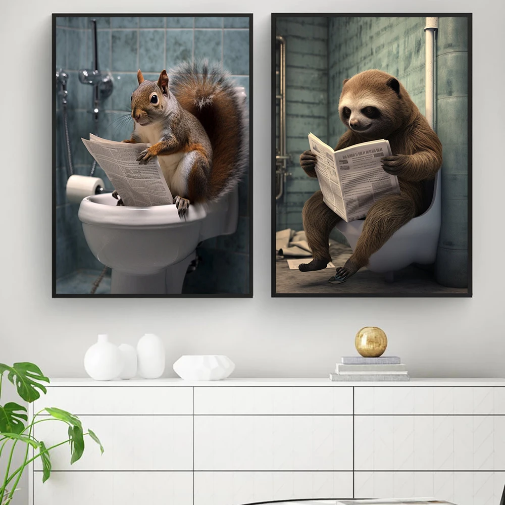 Squirrel Sloth Sitting on the Toilet Reading a Newspaper Poster Funny Bathroom Print Wall Art Humour Home Decor Canvas Painting