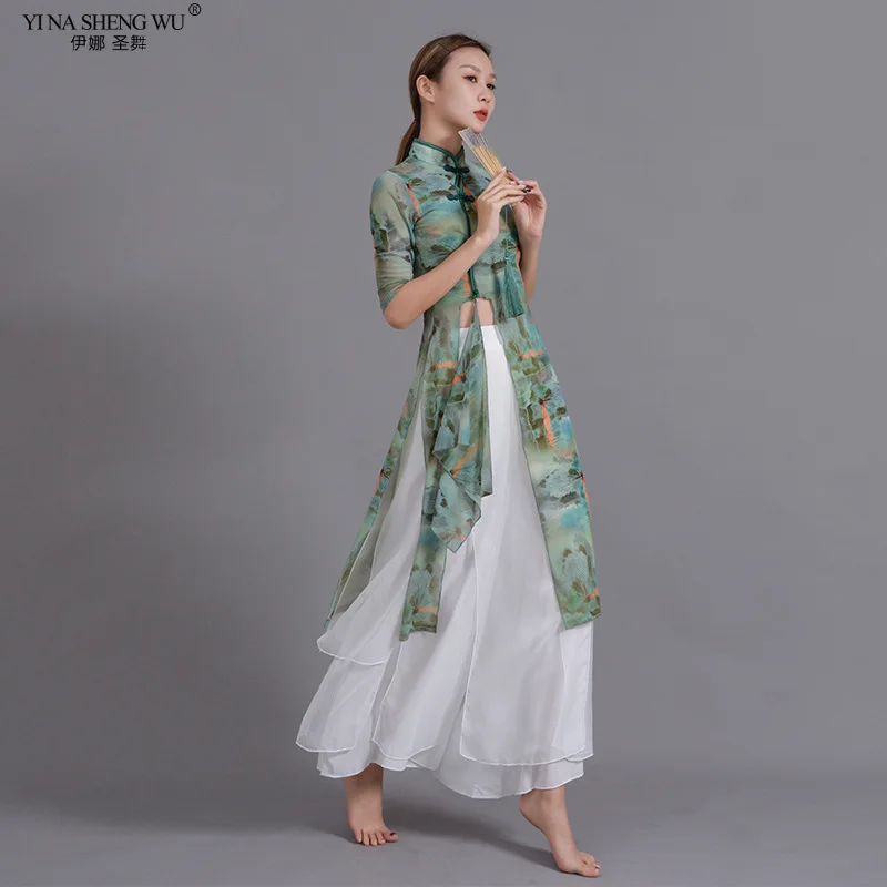 Chinese Folk Dance Gauze Clothes Improve Qipao for Women Classical Dance Practice Suit Half Sleeve Printed Dance Performance Top