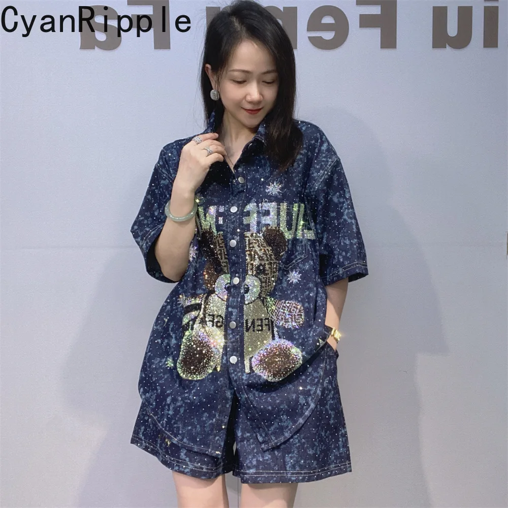 

Fashionable Spring Summer Women Denim Sets Cartoon Hot Diamonds Short Sleeve Loose Cardigans Top + Elastic Waist Straight Shorts