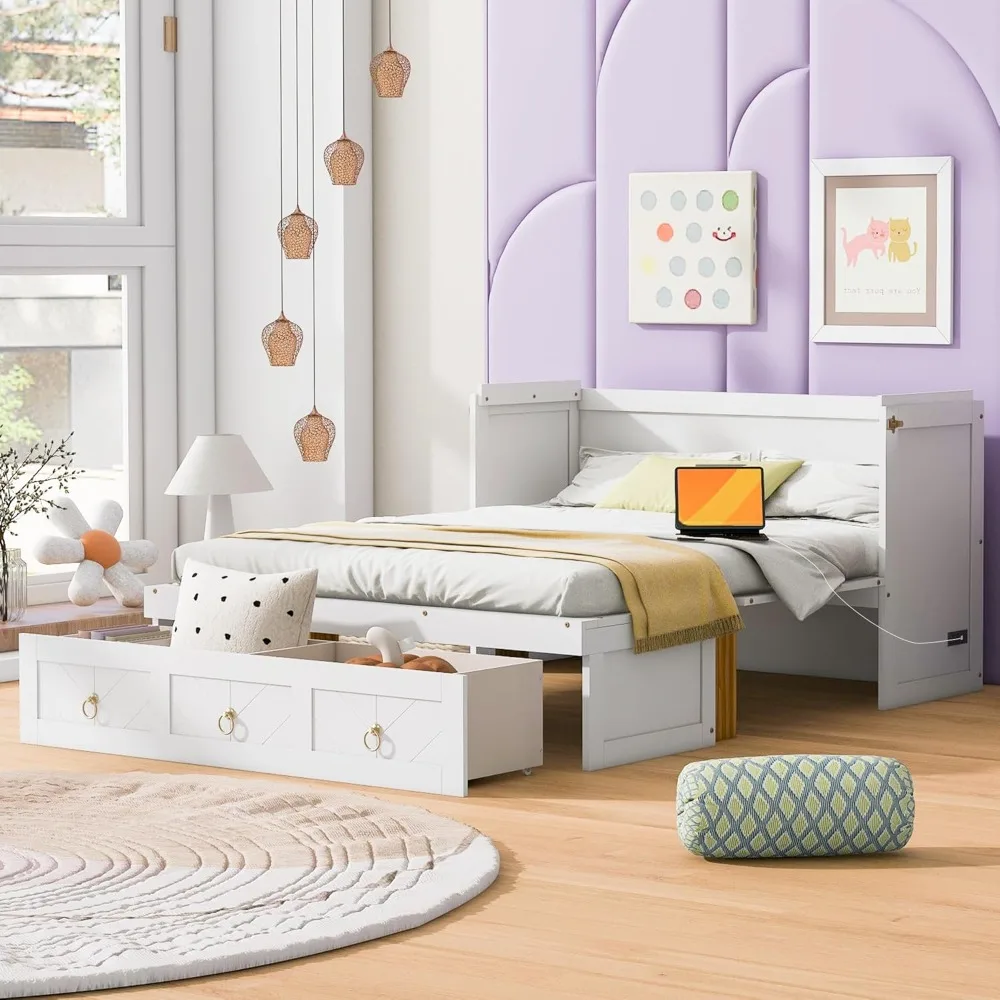 

Queen Size Murphy Bed, Folding Wall Bed Chest with USB Port &1 Large Drawer,Space Saving Cabinet Bed Frame W/Wood Slats