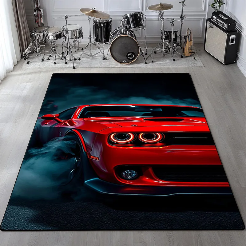 Muscle Car Racing Pattern Area Rug, for Living Room, Bedroom, Office - Vintage Muscle Car Style Home Decor Mat