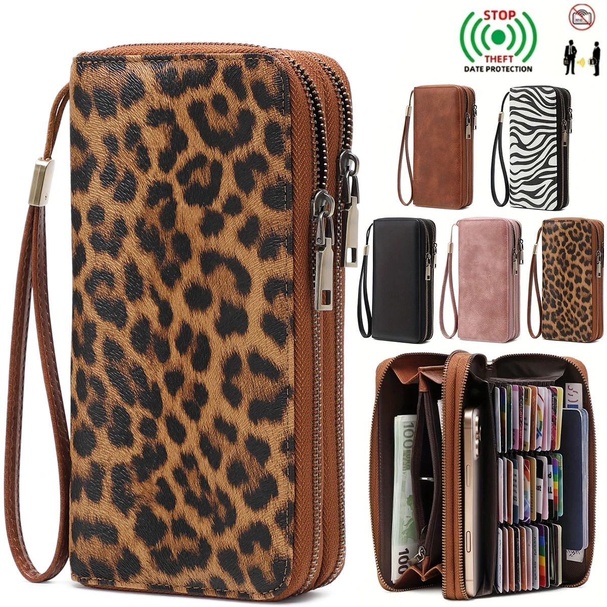 MIYIN Retro RFID Anti-theft Tri-fold Wallet Leopard Print Large Capacity Double Zipper Handbag Women's Clutch with Wrist Strap