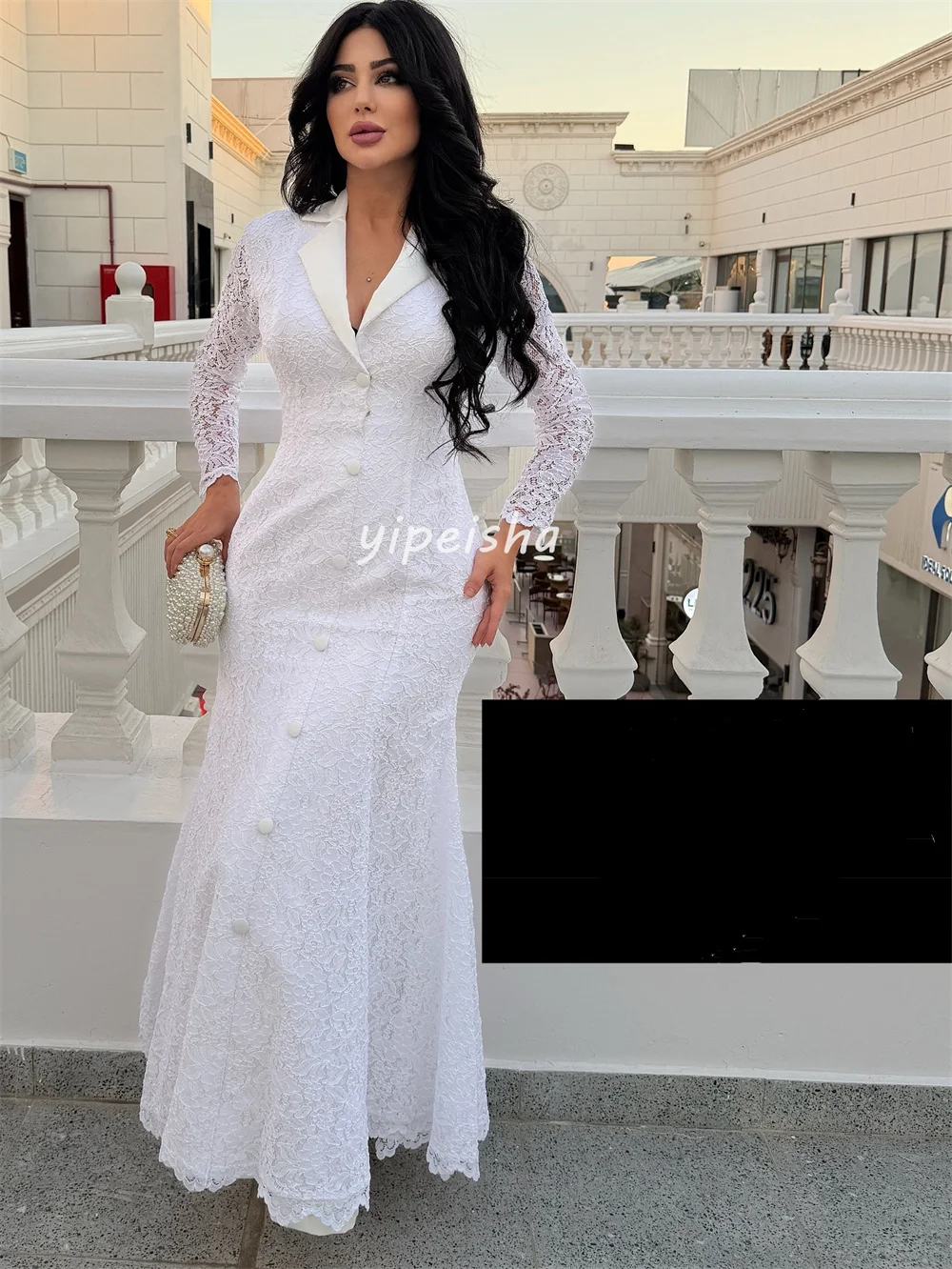 Customized Sexy Matching Lace Pleat Button Mermaid V-neck Midi Dresses Bespoke Occasion Dresses Exquisite Sizes Available Retro