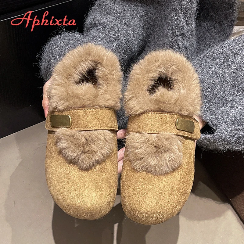

Aphixta Metal Buckle Loafers Warm Winter Shoes Furry Women Loafers Leopard Print Suede Shoes Short Plush Lining Flat Heel Shoes