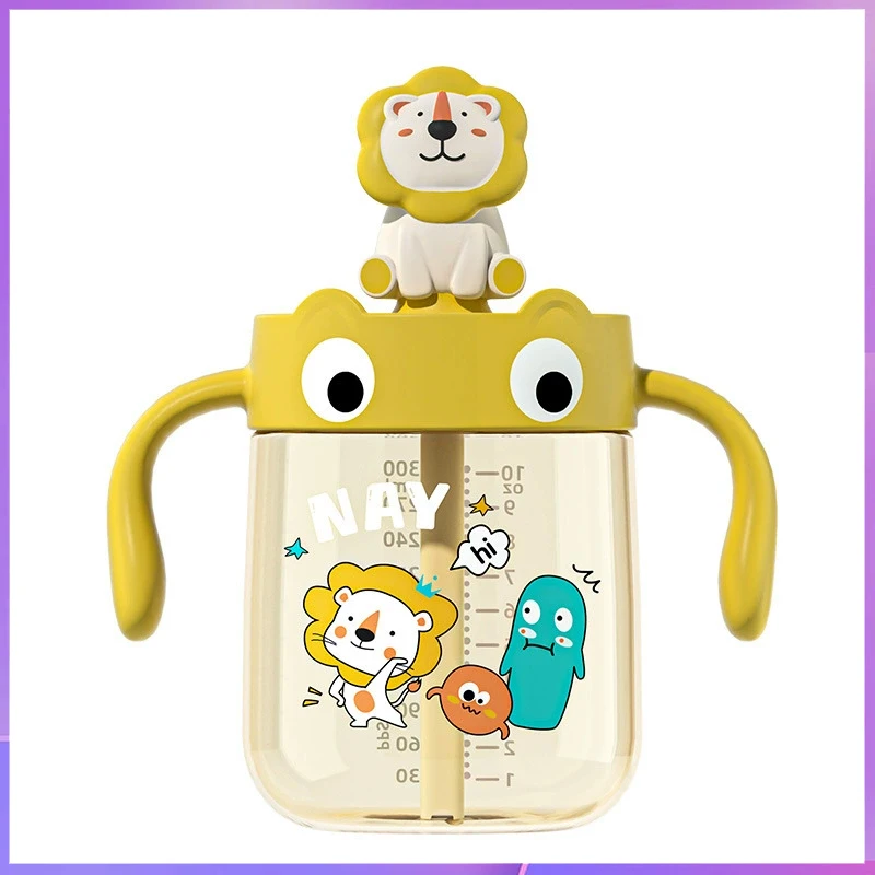NAY PPSU Baby Bottle 300ML Large Capacity Cartoon Kids Straw Milk Bottle With Handle Scale Feeding Cup For Infant Toddler