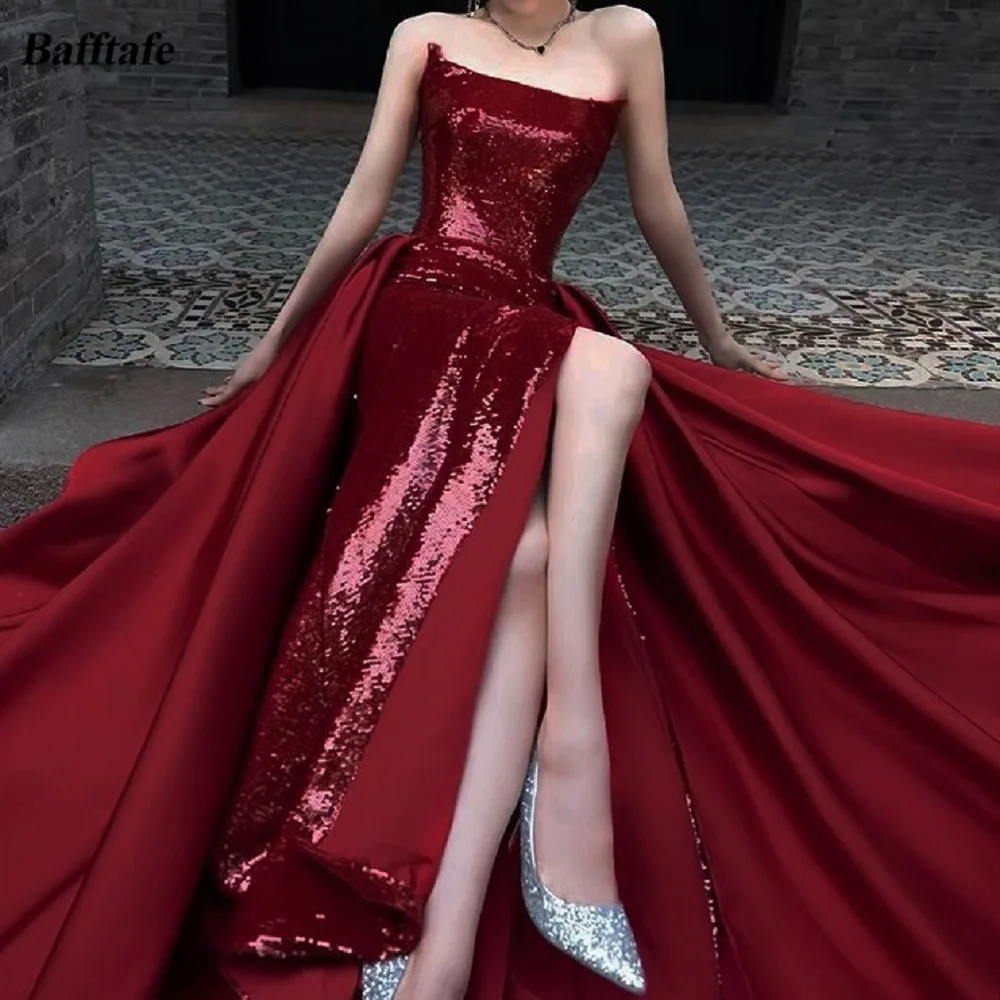 Burgundy Mermaid Sequin Evening Dresses Customized Satin Train Slit Floor Length Formal Women Prom Dress Wedding Party Gowns