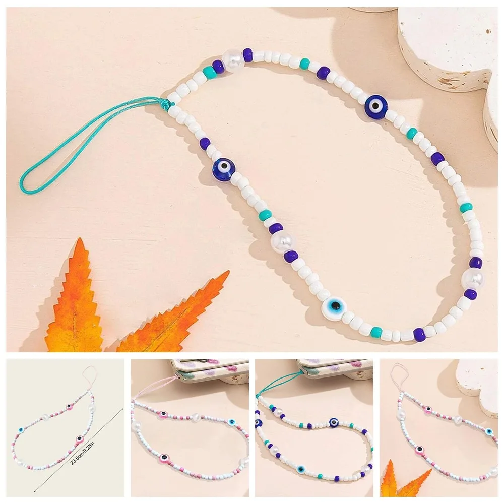 

Devil Eye Blue Evil Eye Phone Chain Vintage Glass Rice Beads Telephone Lanyard Blue Pink Fashion Cellphone Strap Girls Gift