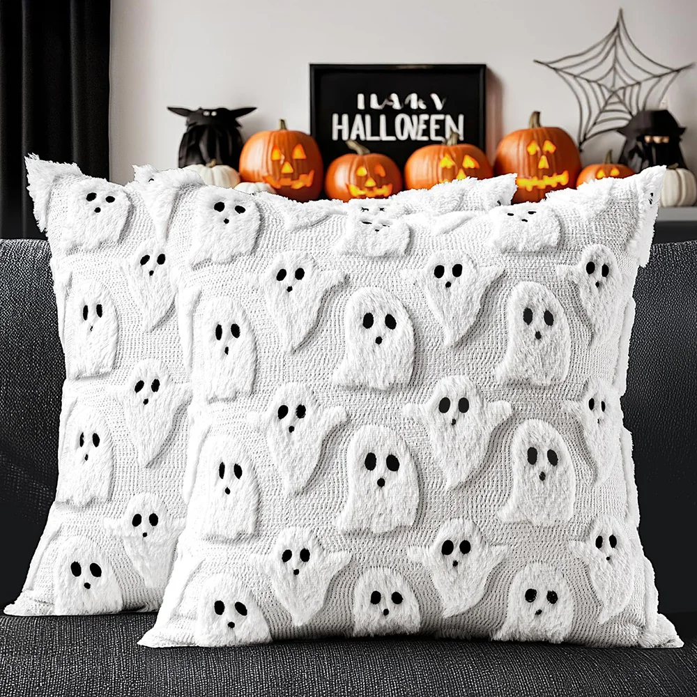 2/4/6 PCS 18 x 18'' Halloween Ghost Pillow Covers Plush Faux Fur Throw Cushion Cases for Sofa Bed Couch Bedroom Fall Party Decor