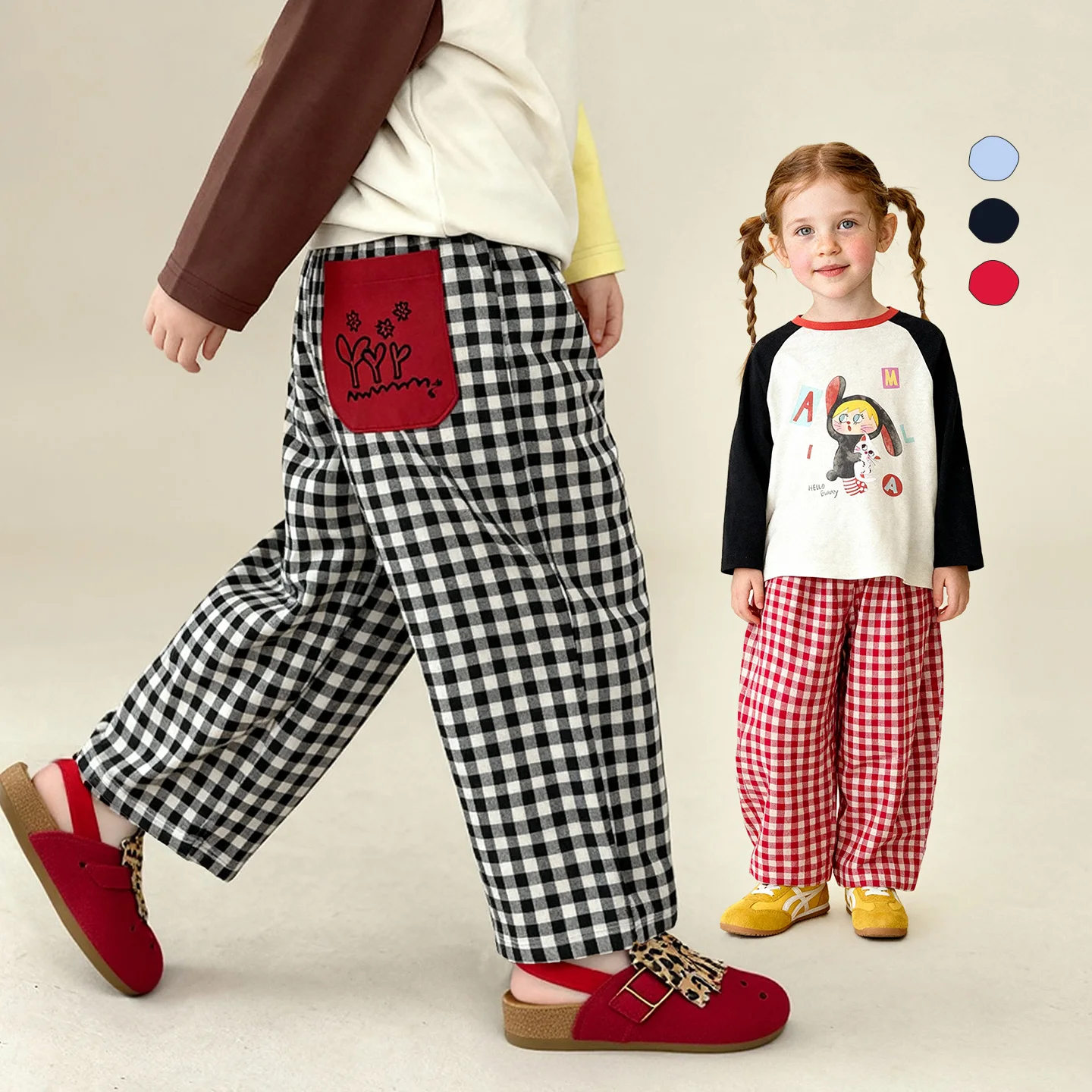 Amila Spring Children's Casual Pants With Elastic Waist, Grid Pattern, Loose Wide Legs, Versatile And Fashionable For Daily Use