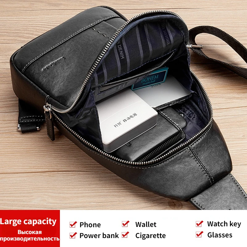 BISON DENIM Genuine Leather Men's Chest Pack Crossbody Bag Luxury Design Durable Handbag Vintage Leisure Shoudler Travel Purse