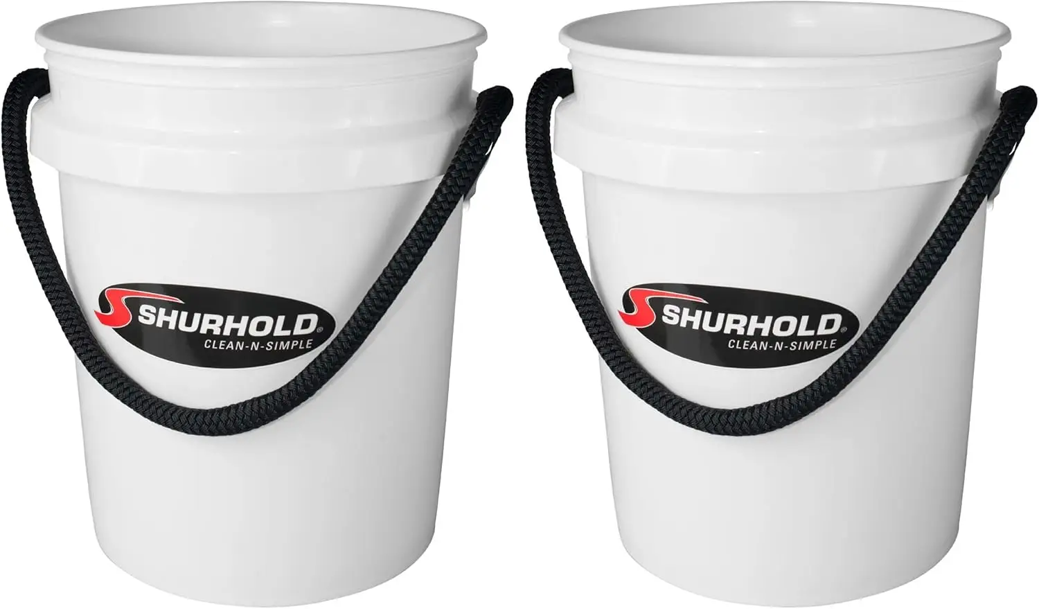 

Белые ведра на 5 галлонов с черными веревочными ручками, упаковка из 2 шт., для удобного укладки и хранения.