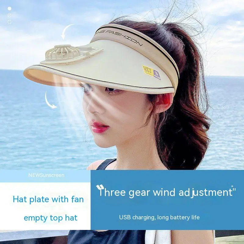 Sun Visor Women Hats with Fan-Three Temp Settings-Large Area Sun Protection Adjustable Elastic Buckle