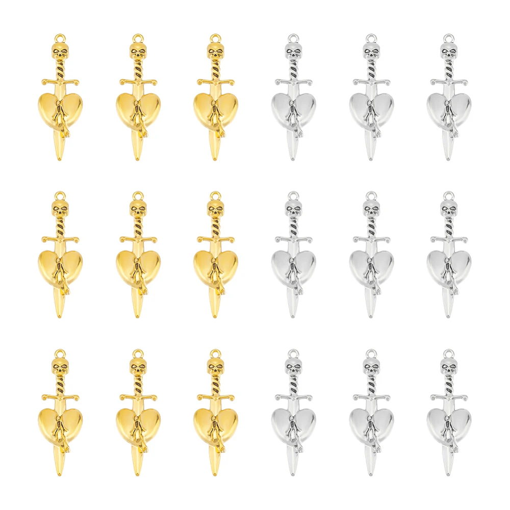 40pcs 2 Colors with Heart Charm Gothic Charm Style Metal Anime Figures Decoration Charm Swords Bookmarks for Jewelry Making