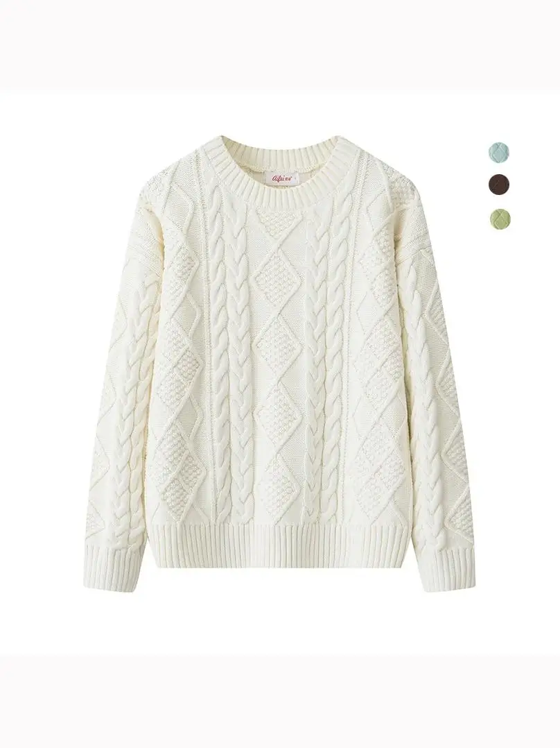 

Утепленный вязаный свитер из чистого хлопка с длинными рукавами, женский, с круглым вырезом, свободного кроя, осенне-зимняя повседневная верхняя одежда