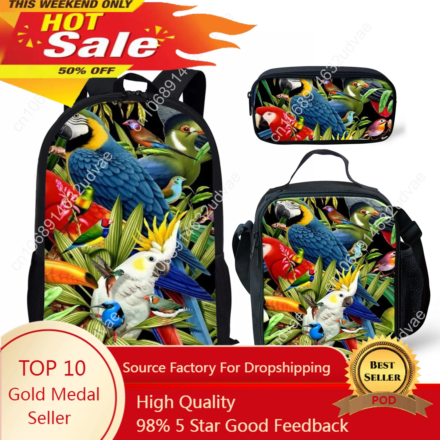 

3 Pack Colorful Parrot and Cartoon Bird Print Boys Girls Backpack Student School Bag Crossbody Lunch Bag Pencil Pouch Mochilas