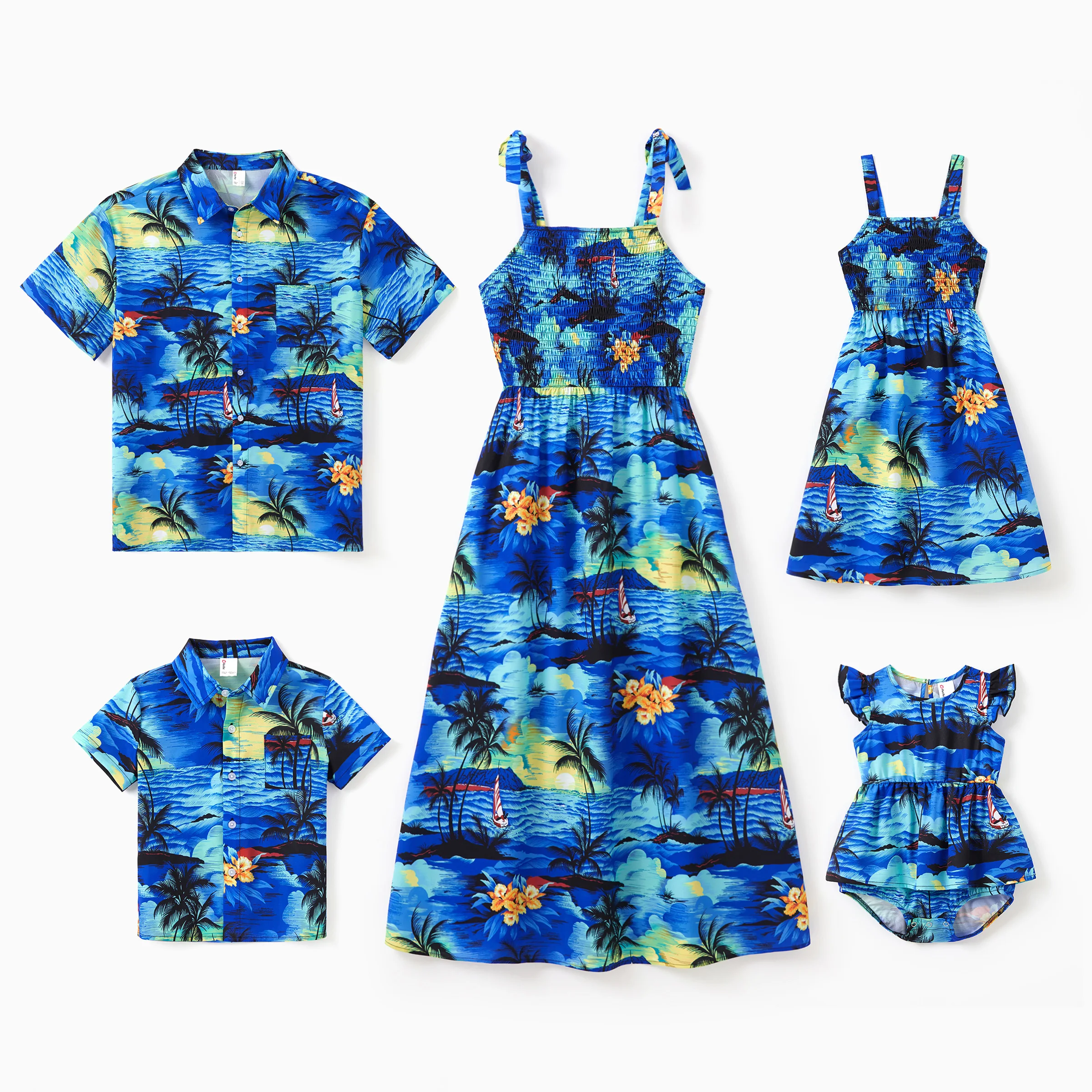 

PatPat Matching Family Hawaiian Outfits Tropical Blue Palm Tree Print Shirt / Dress Summer Beach Vacation Coordinated Outfit