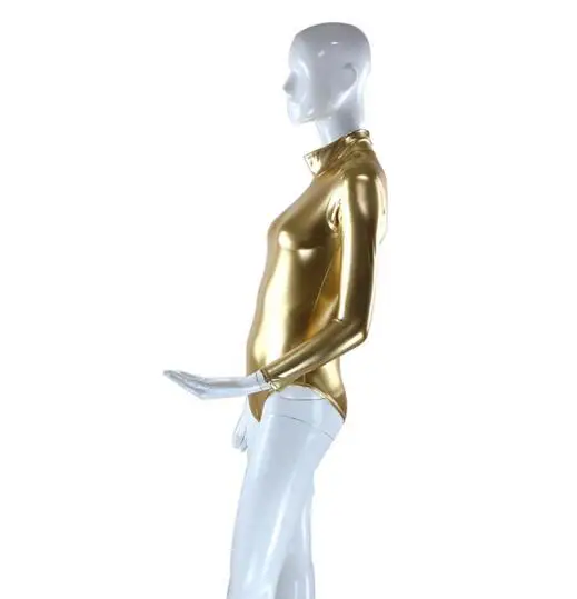 女性用光沢のあるメタリックゴールドキャットスーツバレエダンスウェア長袖ボディスーツ体操ジャンプスーツ