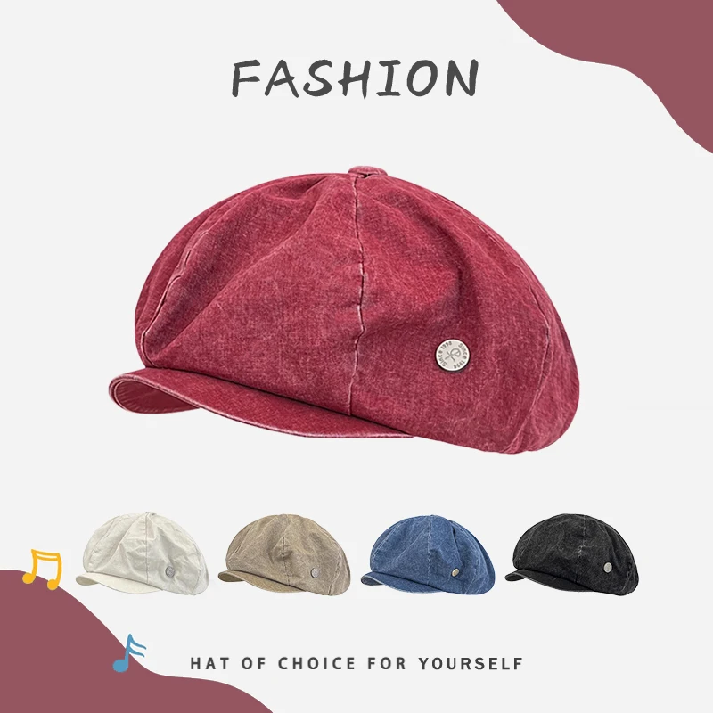

Harajuku Retro Red Oversized Berets Cap for Women Show Face Small Summer Travel Sunscreen Thin Versatile Literary Octagonal Hats