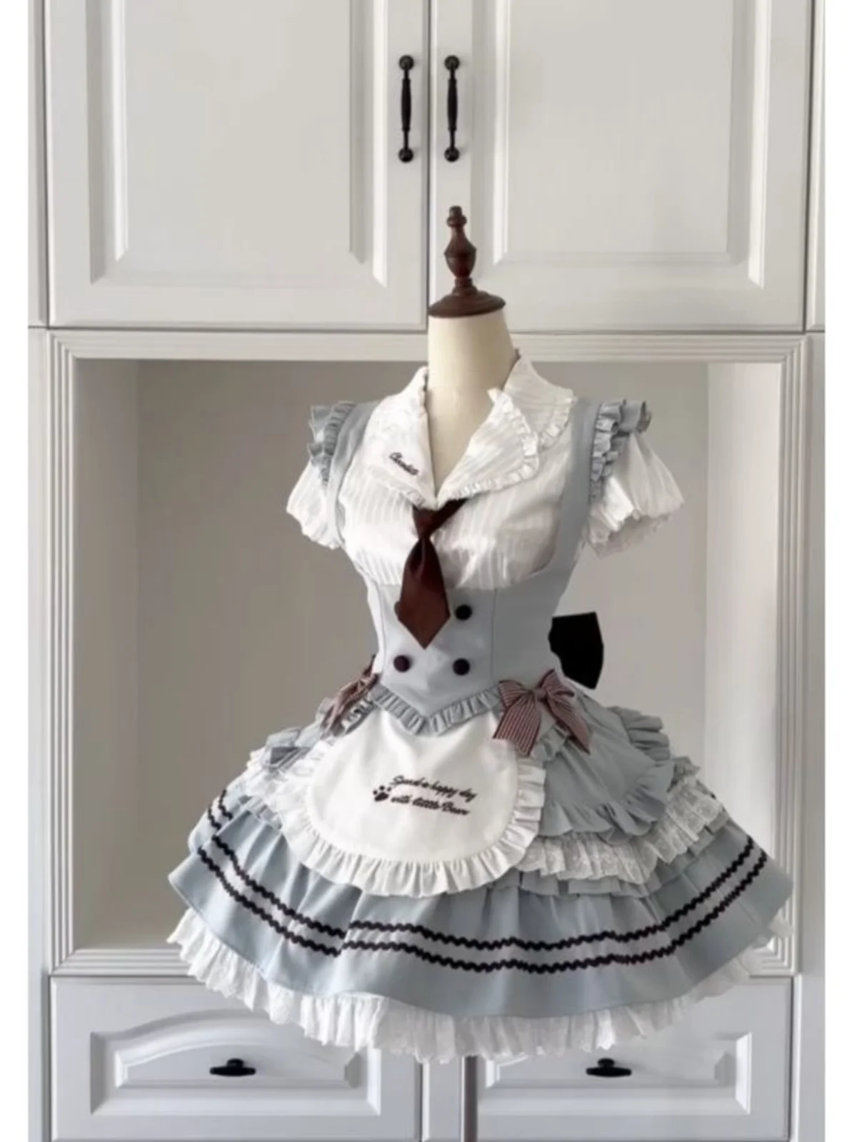 Cute Summer School Style Doll Feel Lolita Skirt Striped Shirt Waist Inward Slim Vest Puffy Skirt Three Piece Set Short Sleeve...