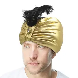 Unisex Turban sułtan aladyn Arab Vintage nakrycie głowy nowość akcesoria do kostiumów z piór klejnot dla mężczyzn i kobiet Halloween