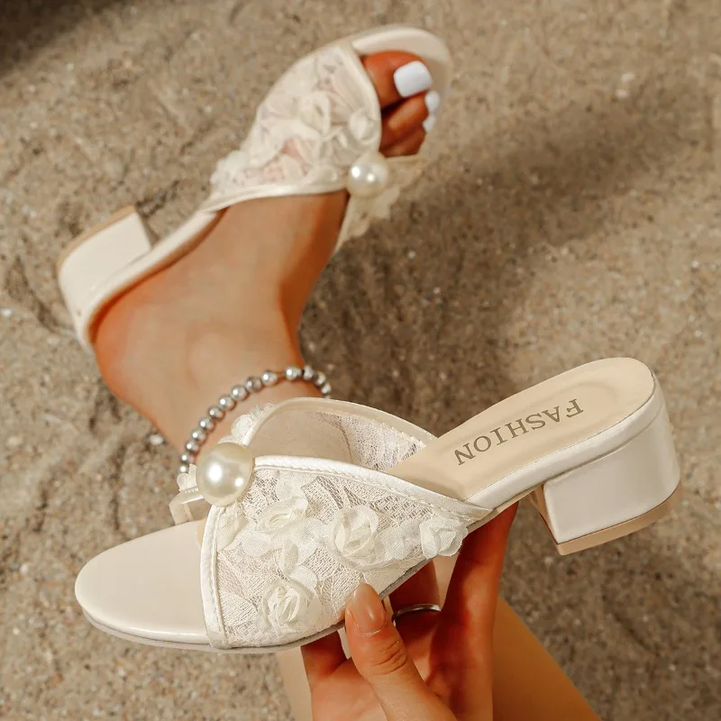 Summer Pearl Decor Mesh Lace Casual Women's Heeled Mules 2026 Fashion Versatile Solid Round Toe Women Shoes Сандалии Для Девочек