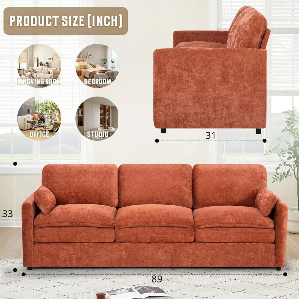 أريكة شانيل حديثة بثلاثة مقاعد مع وسادتين، راحة جلوس عميقة، وسائد سميكة، أثاث غرفة المعيشة باللون البرتقالي