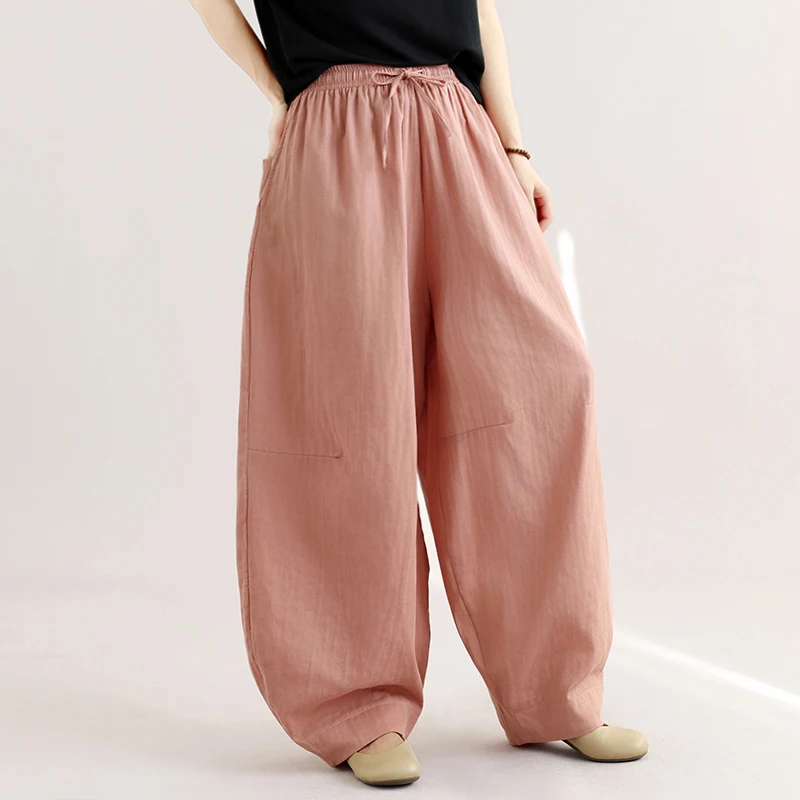 High-Definition Cotton Linen Pants Women's Casual Trousers Elastic Waist Bend Knife Pants Double-Sided Arc Blade Design