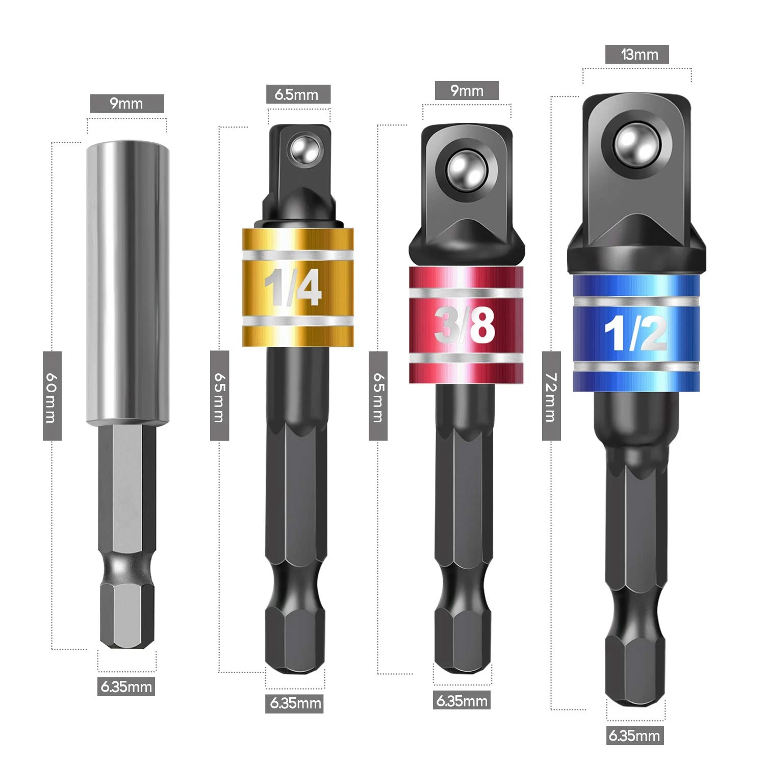 4 Pieces Impact Driver Socket Adapter Set with Magnetic Extension Bit Holder for 1/4 Inch Hex Shank to Square Socket Turn Power