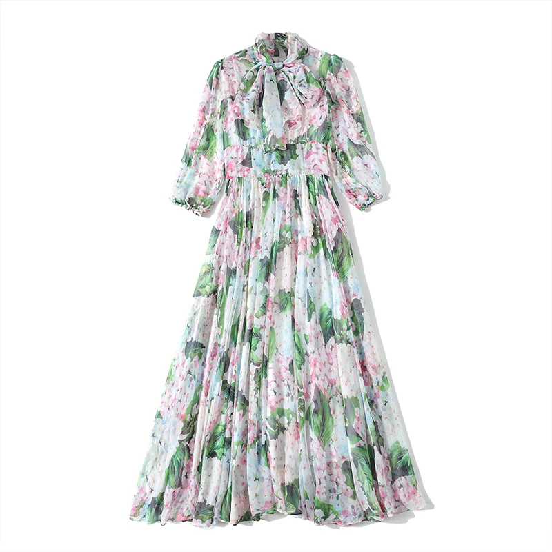 EHQAXIN 2023 Summer Fashion Runway Chiffon Long Dresses Women's Long Sleeve Elegant Floral Print Party Holidays Dresses S-2XL