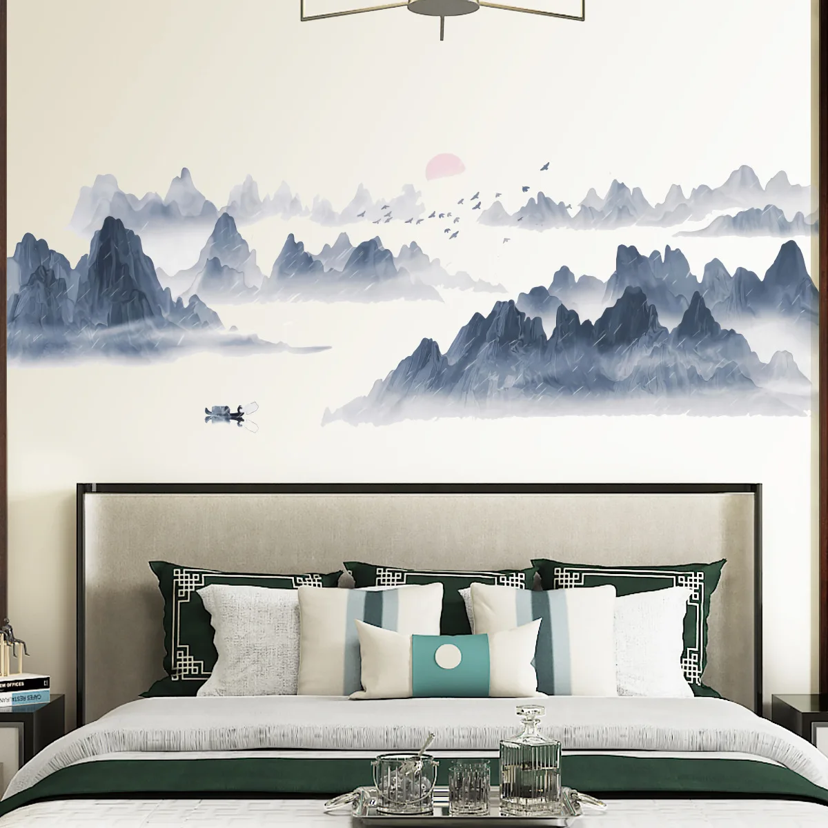 Pegatina de pared creativa de paisaje de puesta de sol de serie de estilo chino de 4 piezas, Mural decorativo de fondo para sala de estar y