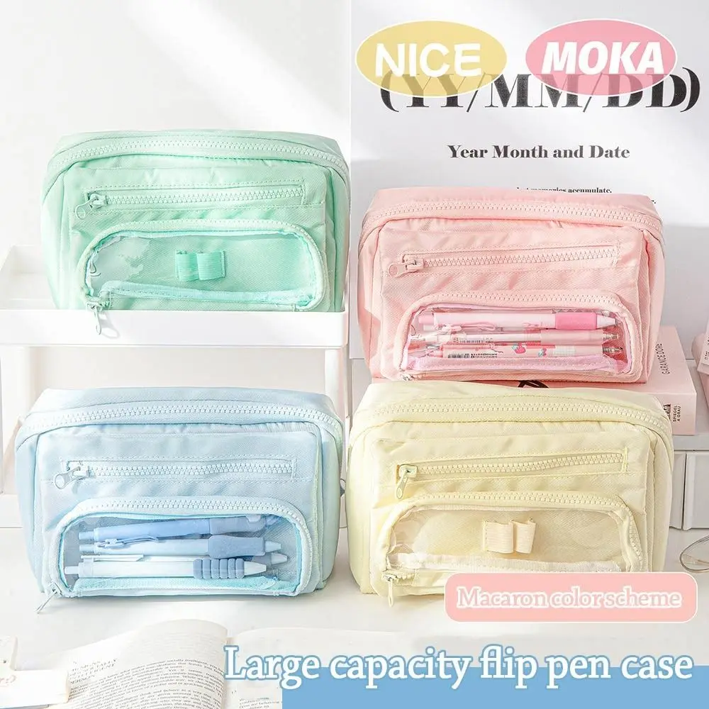 New Canvas Pen Bag Large Capacity Macaron Color Stationery Bag Multifunctional Pen Box Students