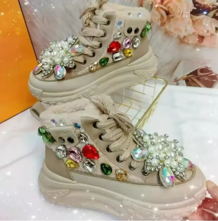 

Colorful Bling Diamond Rhinestone Pearl Flower Thick Platform Sole Ankle Boots Women Round Toe Warm Plush Lace- Up Snow Boots