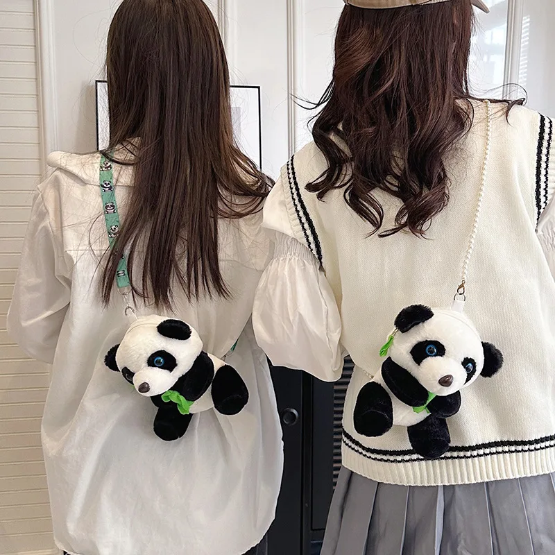 Cartoon New Panda Plush Satchel Pack Pearl Chain Kawaii Toy Bag Girl's Mobile Phone Change Cosmetic Bag Birthday Gift Backpack