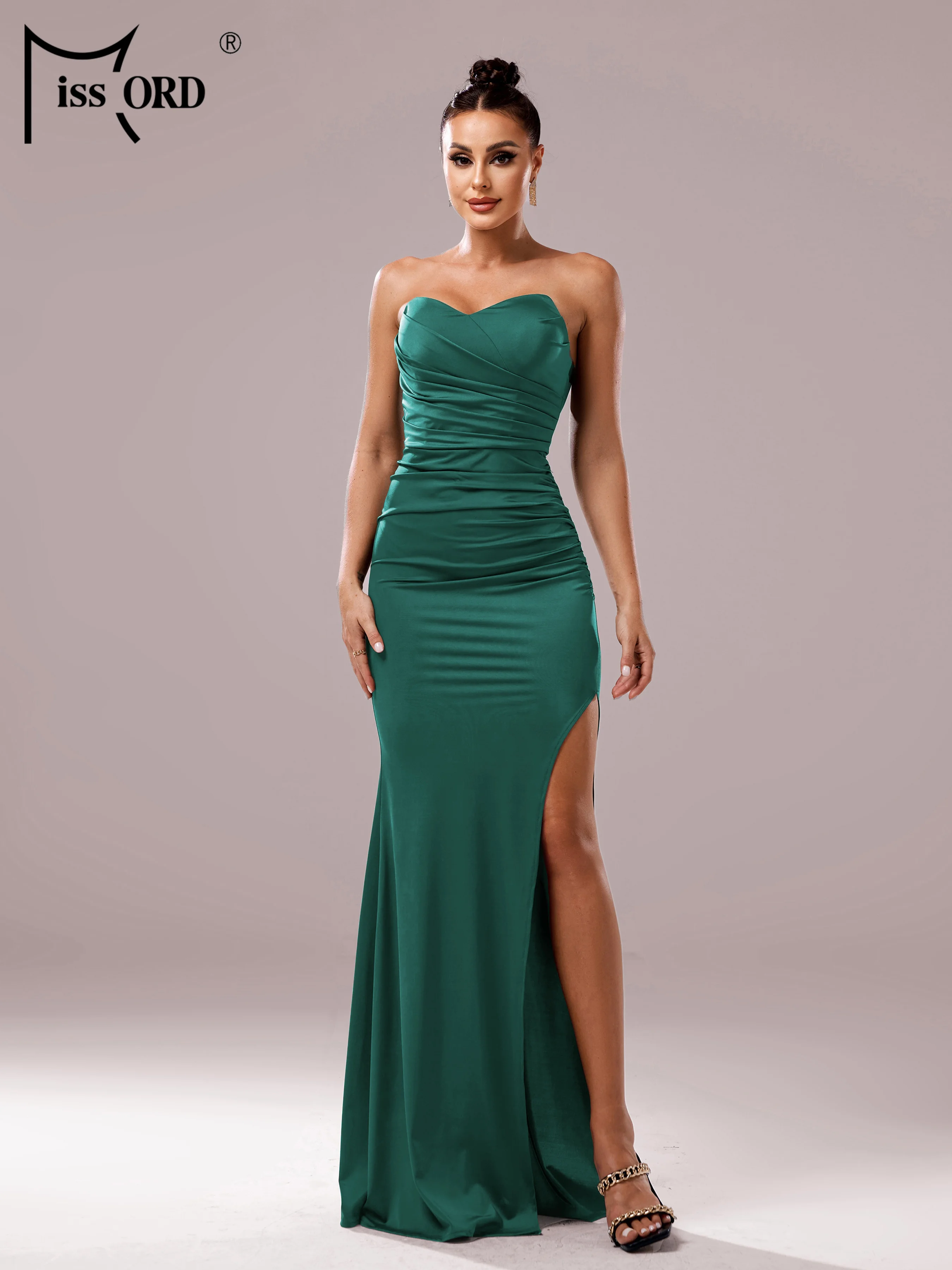 

Missord New Strapless Elegant Beautiful Women's Ruched Green Split Evening Gown Floor Length Graduation Formal Occasion Dresses