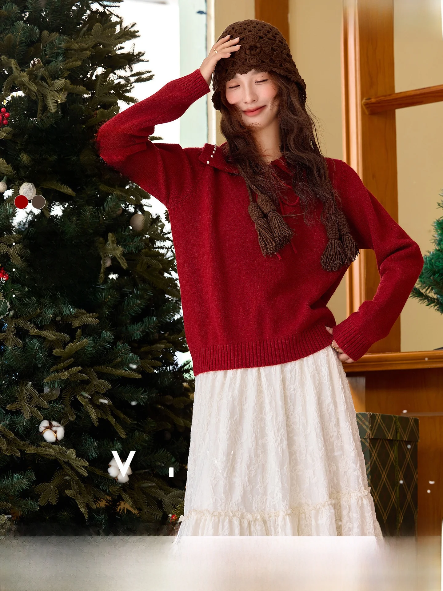 

Красный свободный женский вязаный свитер из акрила, повседневный, удобный, мягкий, модный новогодний топ с V-образным вырезом и длинными рукавами