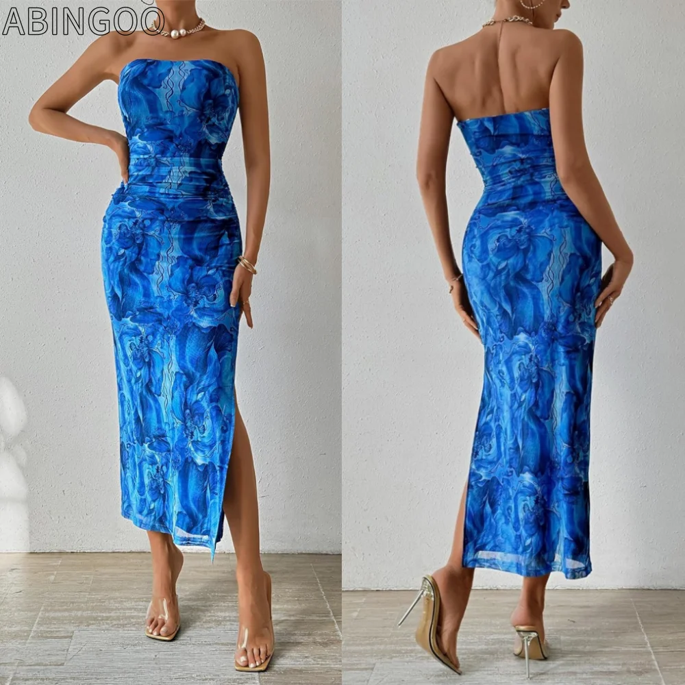 

ABINGOO Women Blue Jean Print Dresses Sleeveless Strapless Midi Bodycon 2024 Summer Sexy Hem Slit Party Evening Dress