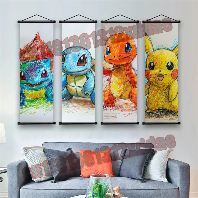 

Pokemon Poster, Pikachu, Squirtle, Bulbasaur, Art White Canvas Scroll Painting Wall Art Children's Bedroom Decoration Painting