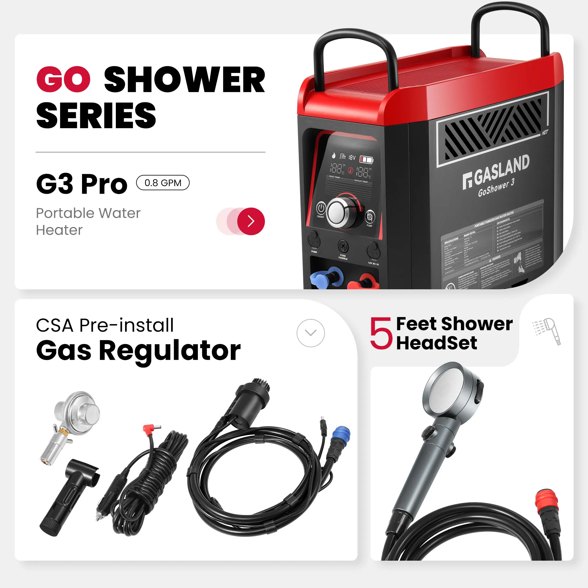 GASLAND Goshower G3 Pro Portable Propane Camping Shower Heater 1lb Gas Water Heater with Pump 4000mAh Battery Up To 100min