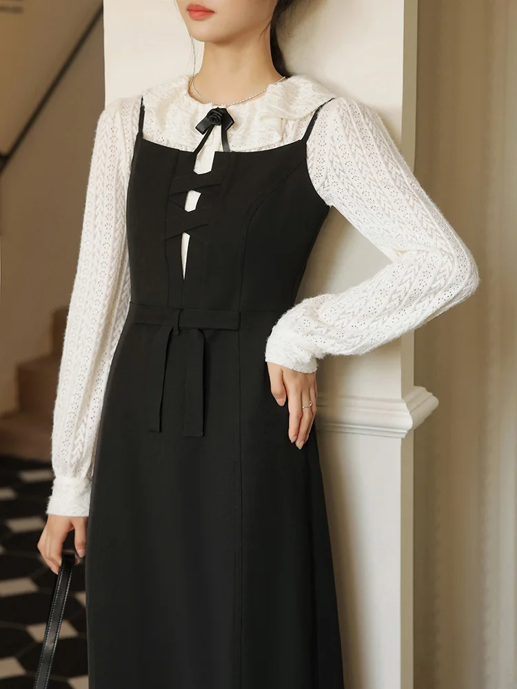 Vintage oco para fora em camadas deslizamento vestido feminino elegante laço com tiras a linha vestido longo fino cintura alta sem mangas roupa data