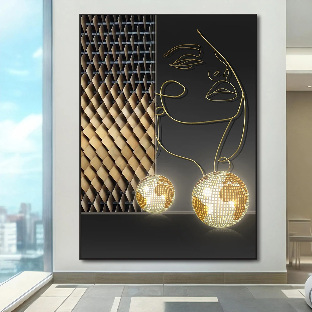 

Picasso Style Minimalist Woman Portrait Disco Ball Poster Black Gold Abstract Prints Room Home Wall Art Decor Canvas Painting