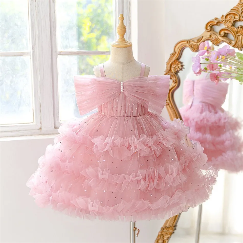 Pink Star Sequin Big Bow Tiered Ruffle Tulle Princess Dress Cute Kid Girls Wedding Birthday Holiday Formal Pageant Costume ASQ03