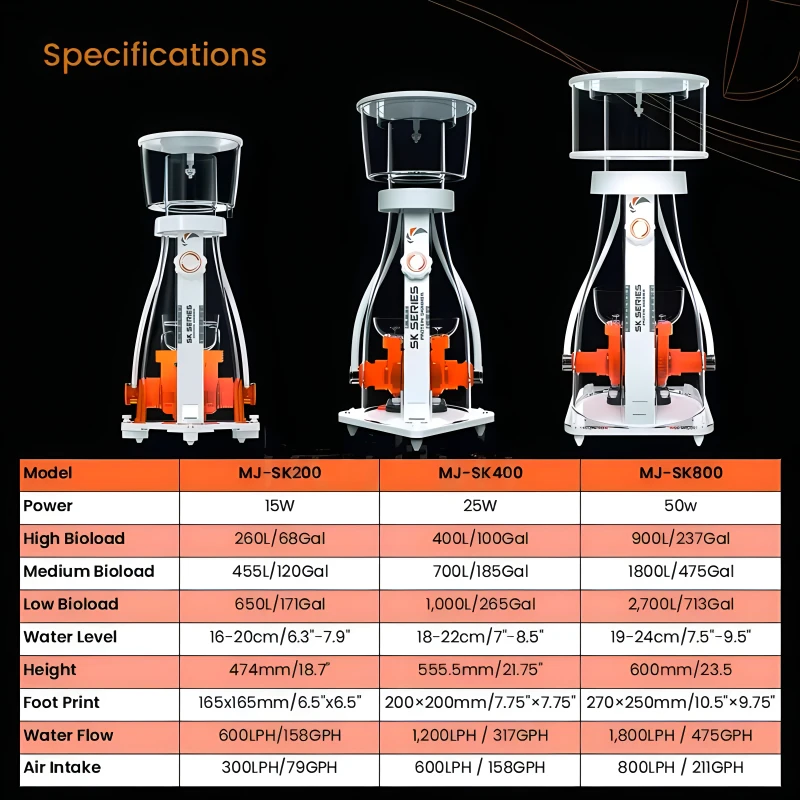 Jump MJ SK200 SK400 SK800 AD600 Aquarium Protein Skimmer Double Inlet Double Needel Wheel DC Saltwater Marine Coral Reef Tank