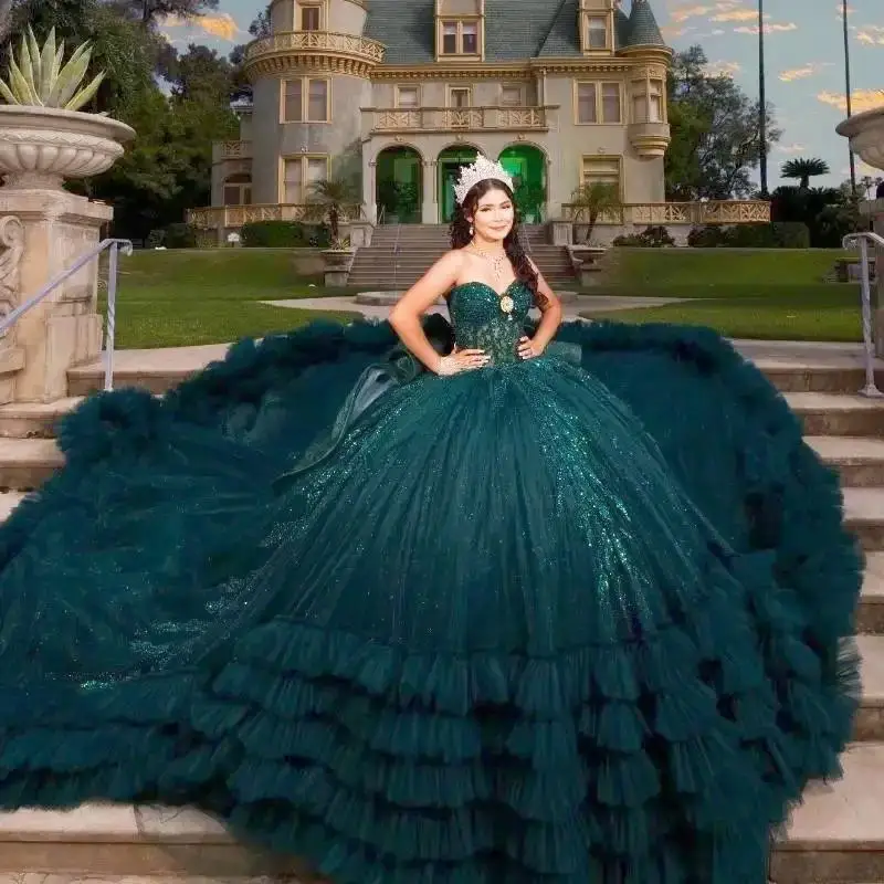 

Blackish Green Ball Gown Quinceanera Dresses Sequin Lace Beads Ruffle Tull Princess Mexico Sweet 16 Dress Party Birthday Vestido